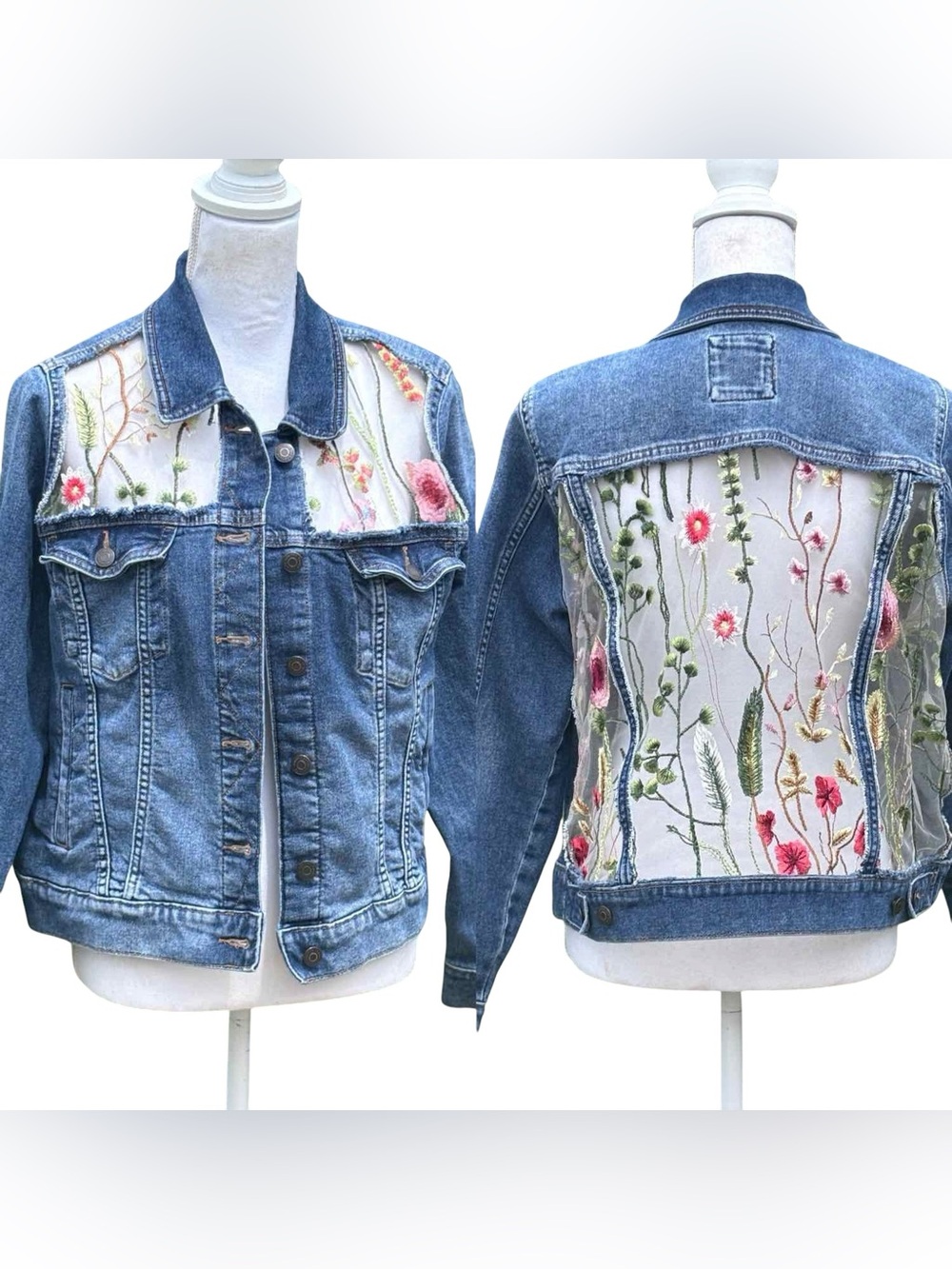 Handmade Floral Embroidered Denim Jacket Wearable Art Large - Picture 2 of 10